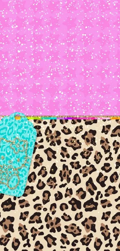 Pink and leopard print mobile wallpaper with teal tag accent.