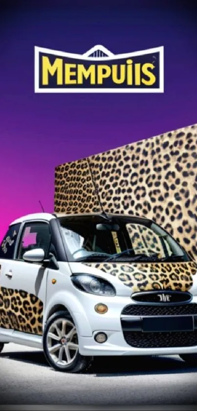 Vibrant car with leopard print design against a purple background.