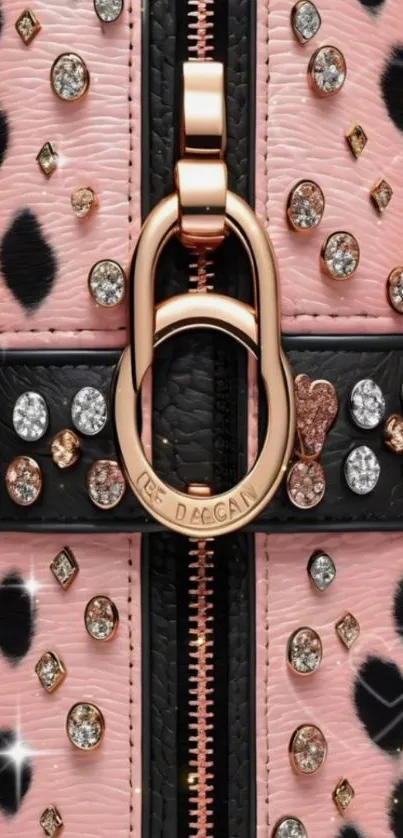 Leopard print with jewels and zipper on pink background.