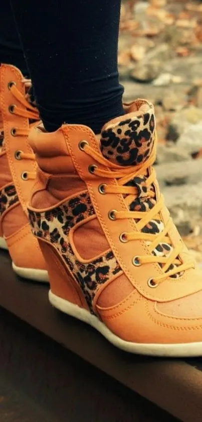 Chic leopard print sneakers on rustic track.