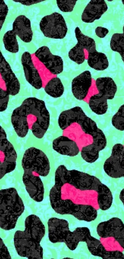 Turquoise background with leopard print pattern and pink accents.