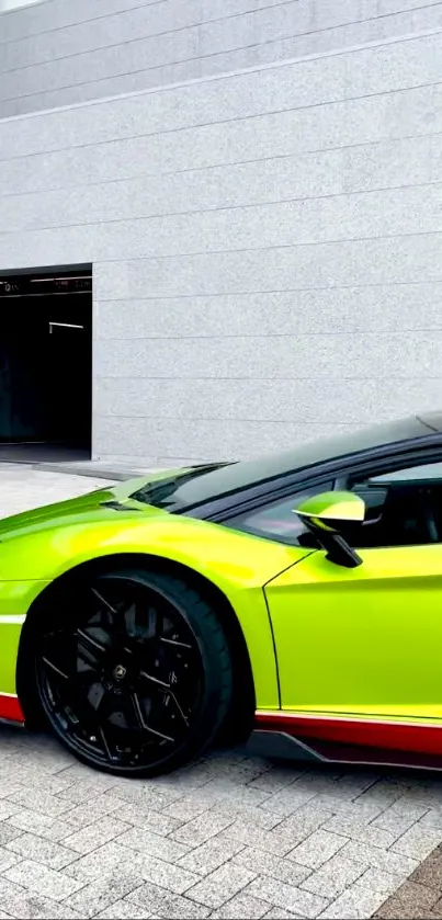 Lime green supercar parked in front of modern white building.