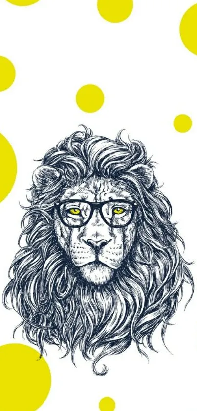 Lion drawing with glasses on a yellow dotted background.