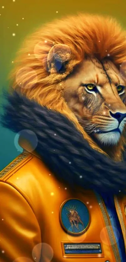 Lion in a stylish jacket with a golden mane against a teal and gold background.