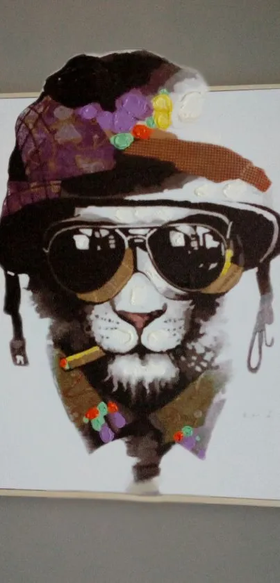 Lion in sunglasses and colorful hat graphic art.