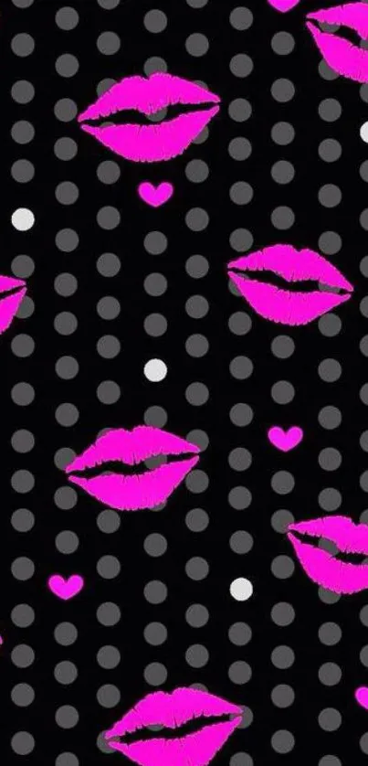 Mobile wallpaper with pink lips and polka dots on a black background.