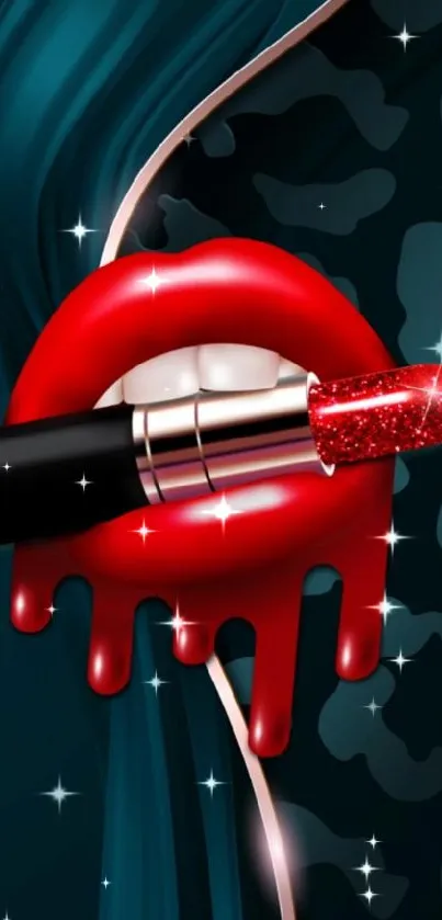 Red lips with glitter lipstick on dark abstract background.