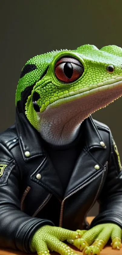 Lizard in leather jacket on wooden table.