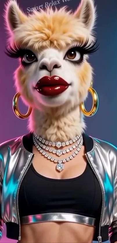 A fashionable cartoon llama with jewelry and a silver jacket.