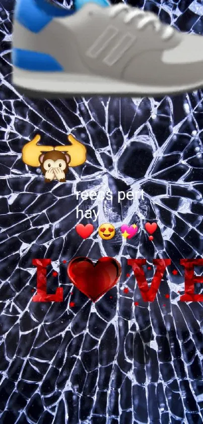 Dark blue shattered glass with emojis and LOVE text.