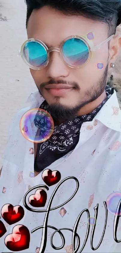 Stylish man with sunglasses, love-themed design.