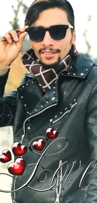 Man in leather jacket with love text and heart design.