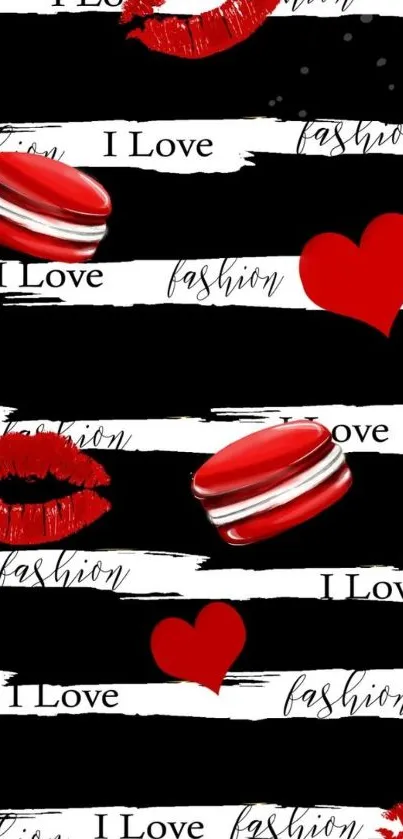 Fashionable wallpaper with red hearts and lips on stripes.
