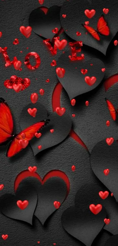 Black hearts with red butterflies wallpaper design.