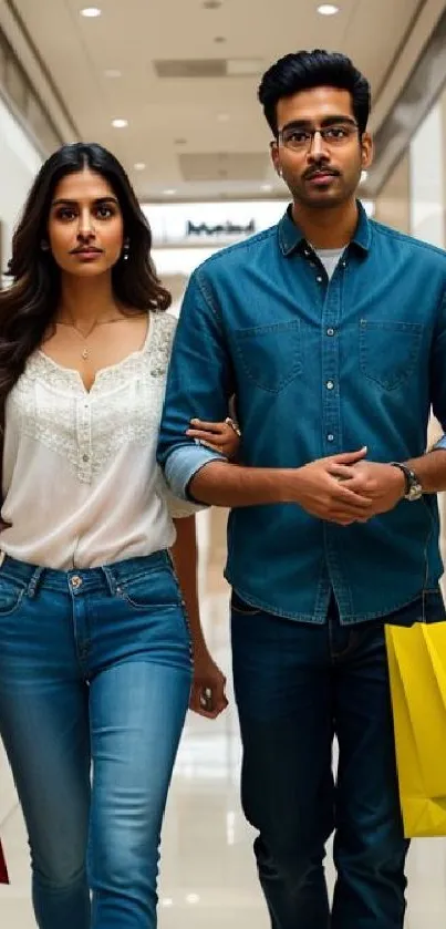 Couple shopping in a mall, carrying shopping bags.