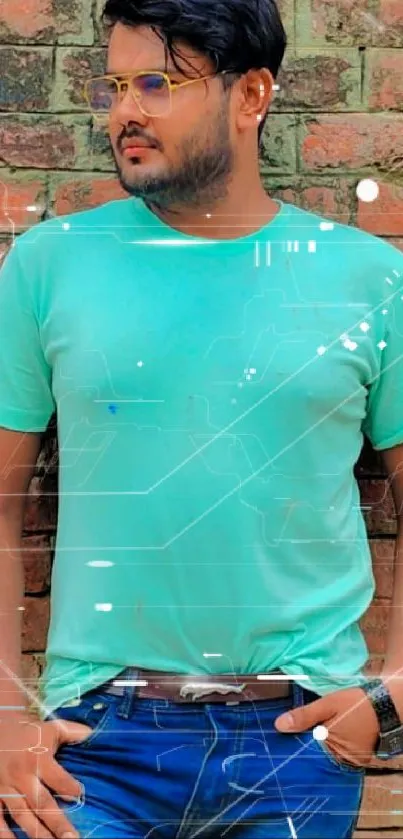 Man in turquoise shirt against a brick wall.