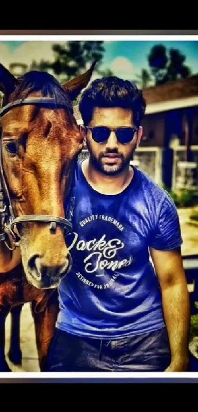 Stylish man with horse in outdoor setting.