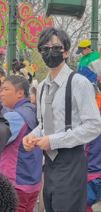 Man in stylish outfit at a colorful parade event.