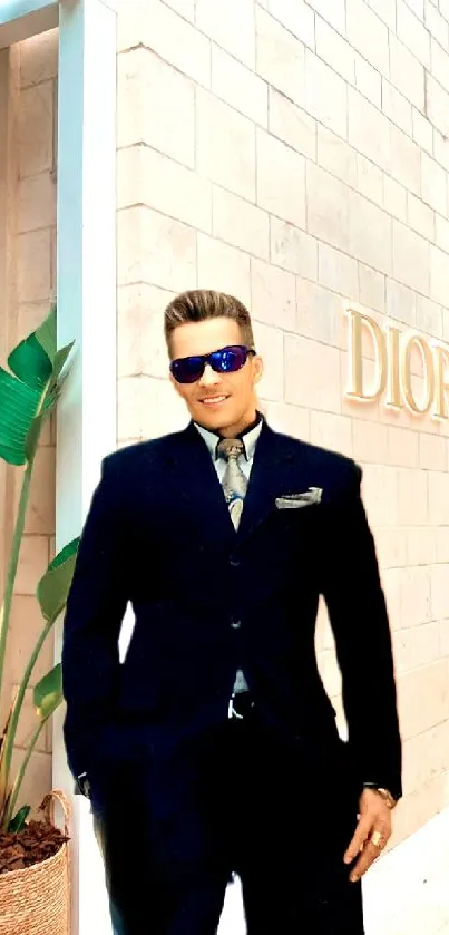 Man in a suit standing at Dior store.