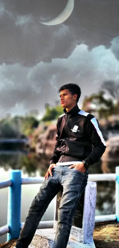 Stylish man by a moonlit lake with a cloudy night sky in the background.