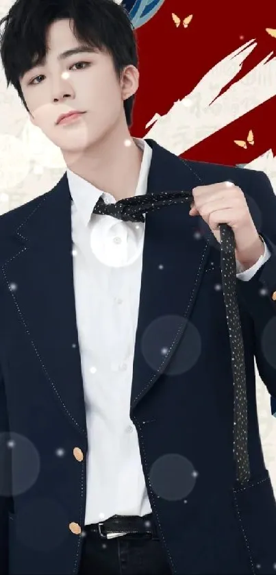 Stylish man posing with tie against a red artistic background.