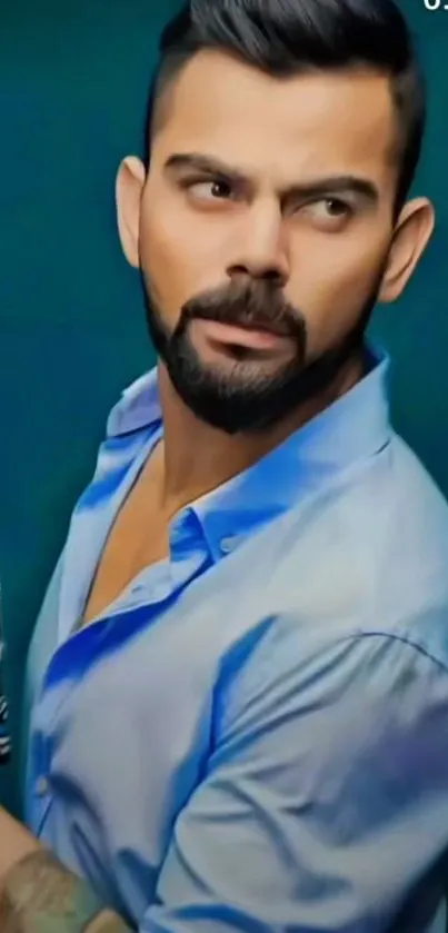 Man in a blue shirt with beard, stylish look.