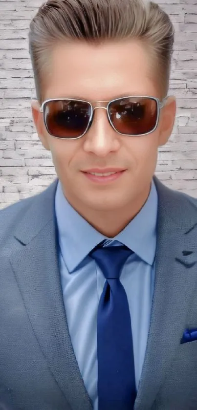 Man in a blue suit with sunglasses against a brick wall.