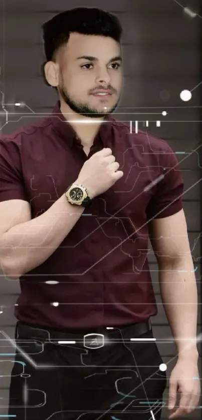 Man in burgundy shirt with stylish pose on wallpaper.