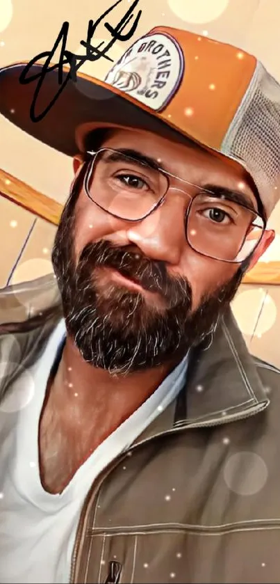 Illustration of a man with a beard wearing a stylish cap and jacket.