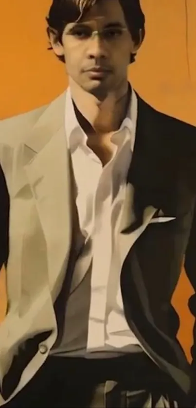 Stylish man in a classic suit on orange background.