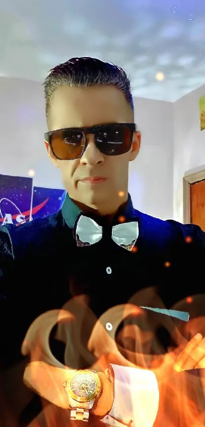 Man in dark outfit with bow tie and sunglasses against a stylish room background.