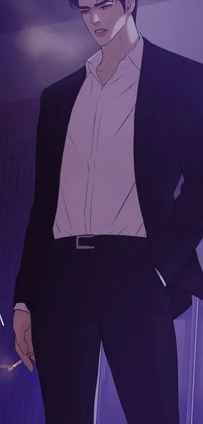 Anime man in a dark suit with purple tones.