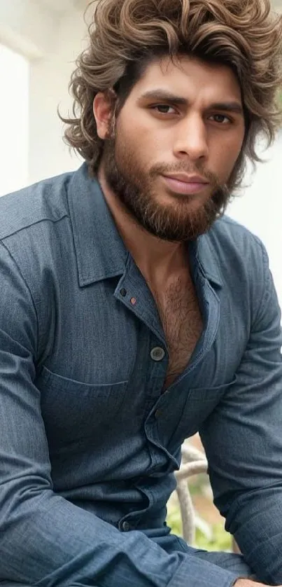 Stylish man with beard in a denim shirt seated outdoors.