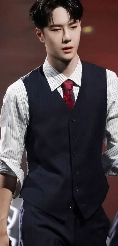 Man in formal attire with navy vest and tie.