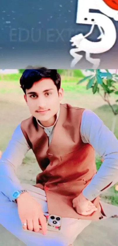 A stylish man posing in a vibrant garden setting.
