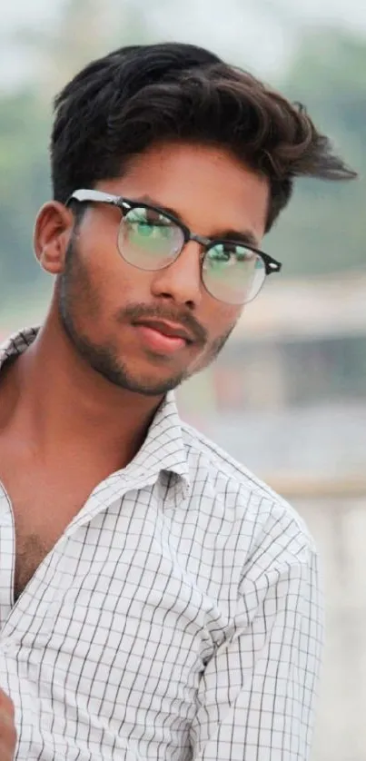 Man in stylish glasses posing outdoors with a casual shirt.