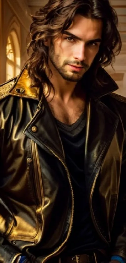 Man in a stylish golden leather jacket in elegant setting.