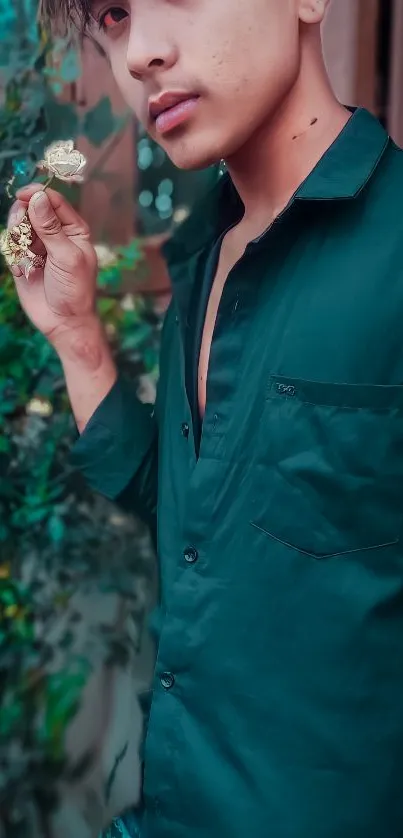 A young man in a dark green shirt holding flowers in a natural setting.