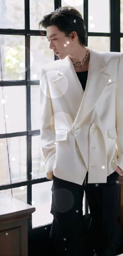 Man in a white blazer stands by a window in a stylish indoor setting.