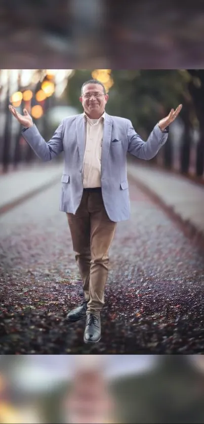 Man in blazer walking on a colorful path with trees in the background.