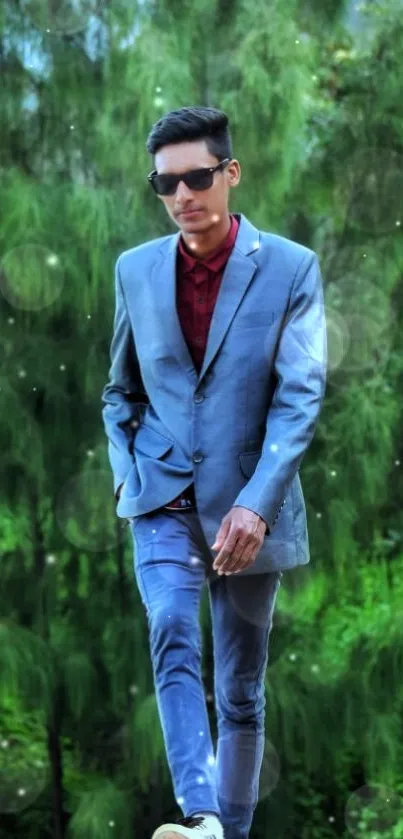 Man in suit walking in nature with green background.