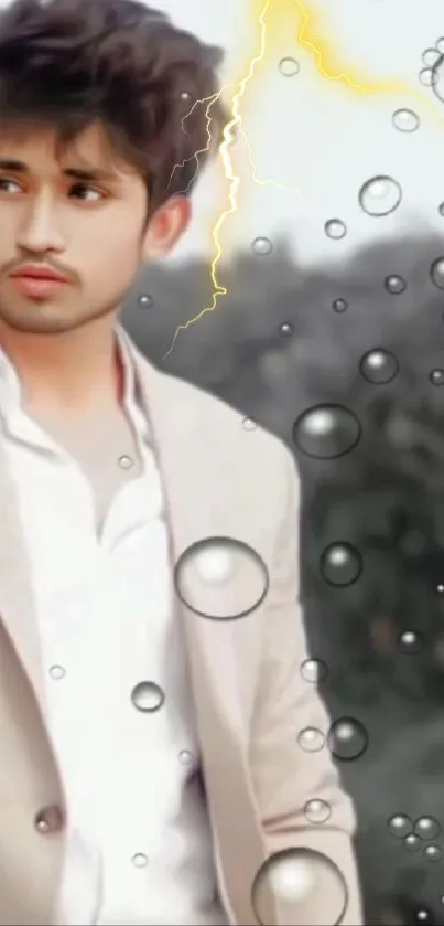 Stylish man with raindrops and lightning, beige background.