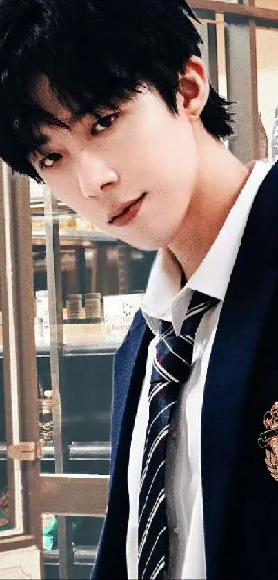 Portrait of a young adult in school uniform with stylish look.