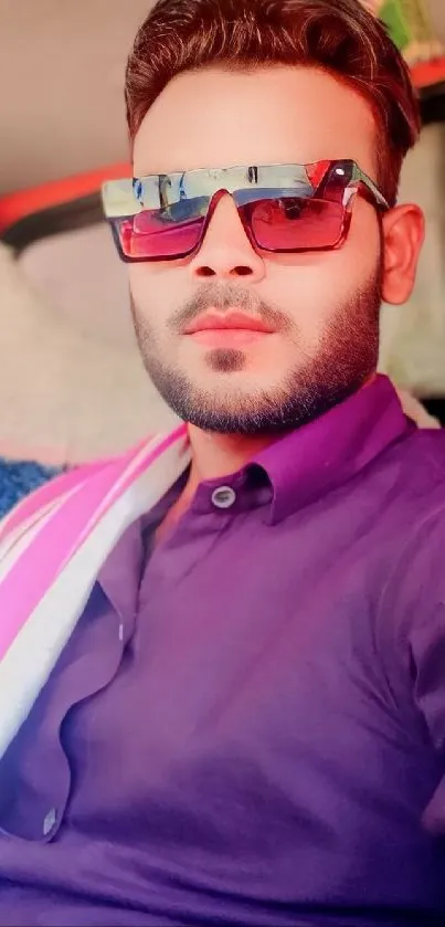 Portrait of a man wearing stylish sunglasses and a purple shirt in a car.