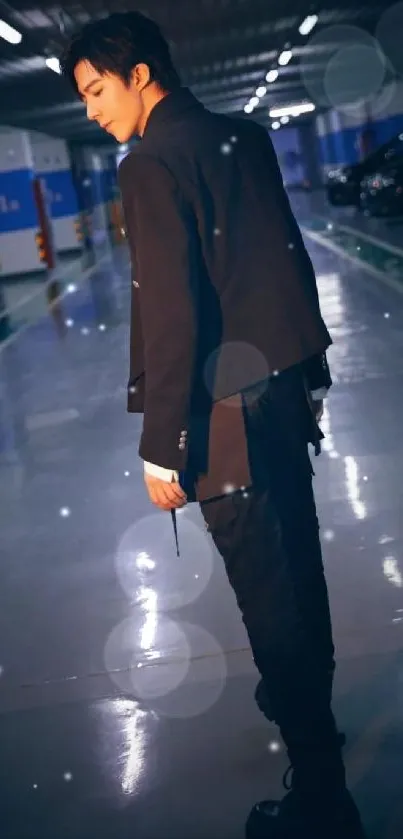 Man in a dark suit in a dimly lit parking garage, exuding style.