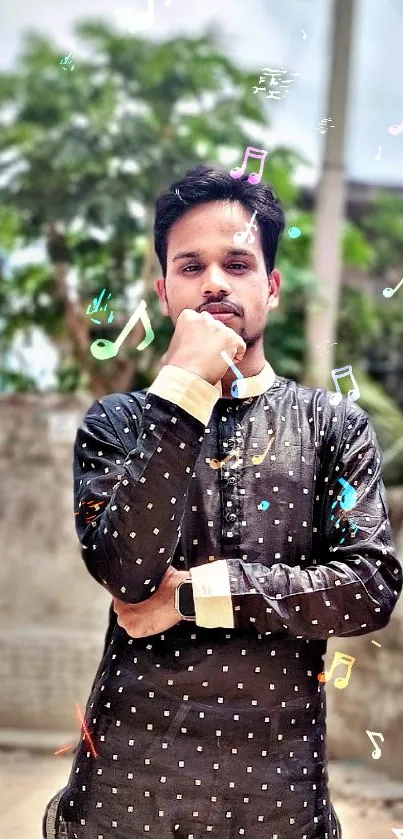 Stylish man posing in urban street setting with trees.