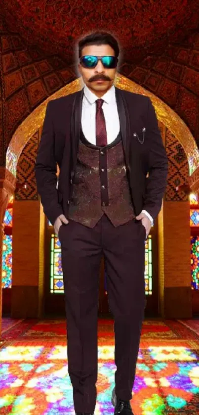 Man in suit standing inside a vibrant mosque.