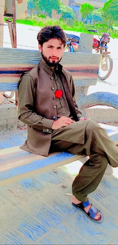 Man in brown outfit sitting on a bench outdoors.