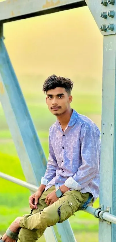Young man posed on a steel bridge with a green backdrop.