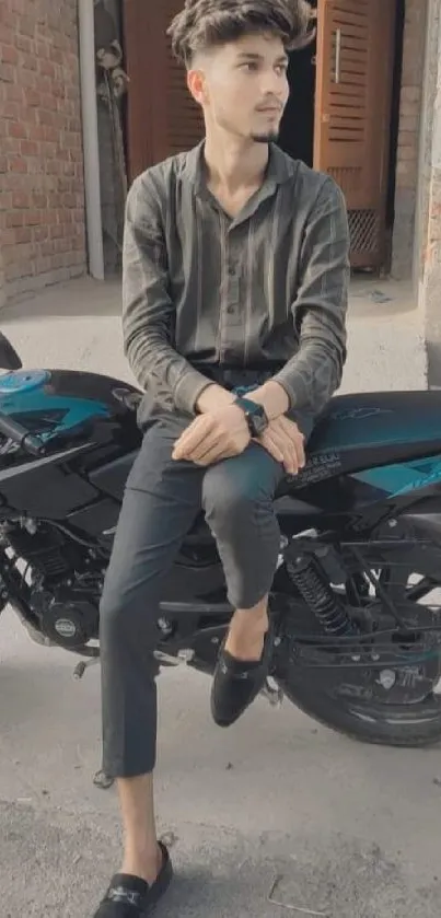 Stylish man sitting on a motorbike in an urban setting.